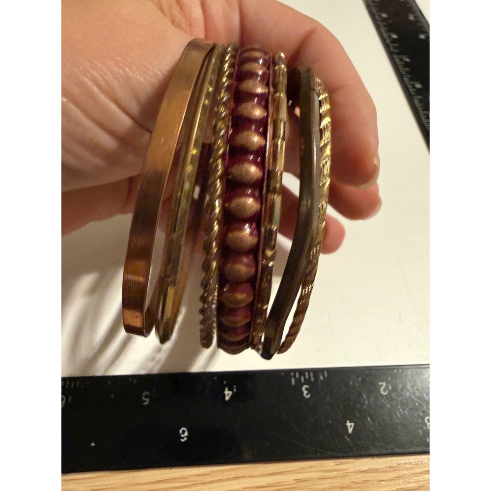 Mixed Metal Bangle Bracelet Set Copper Tone Twisted Rope Burgundy Enamel 7pc